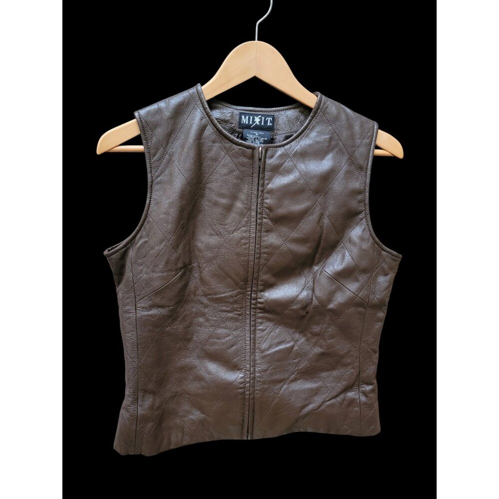 Mixit Brown Quilted Genuine Leather Sleeveless Vest With Zipper Closure Womens S - Picture 2 of 4
